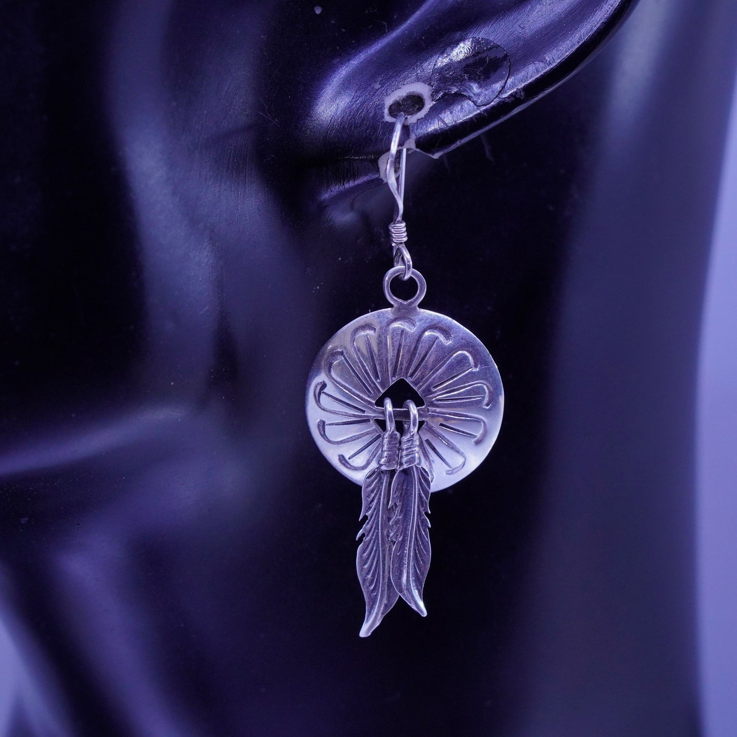 vintage Sterling silver handmade earrings, 925 textured disc feather dangles