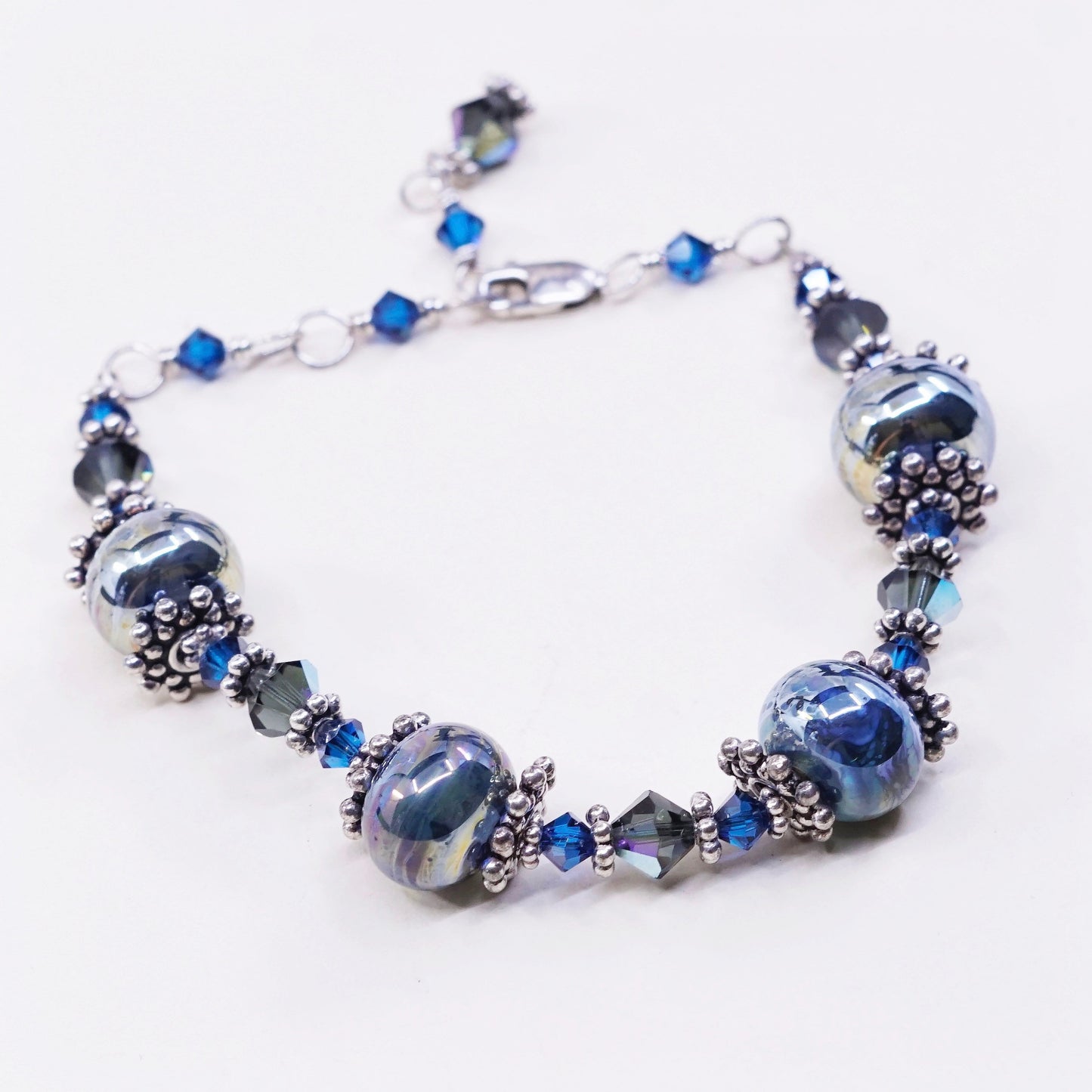 6.5+1”, vtg Sterling silver handmade bracelet, 925 beads w/ blue crystal beads