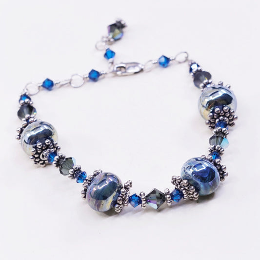 6.5+1”, vtg Sterling silver handmade bracelet, 925 beads w/ blue crystal beads