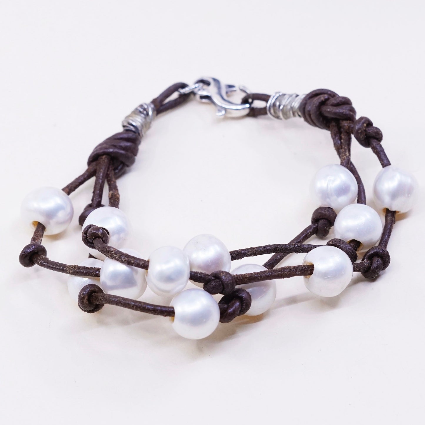 6” vintage brown leather chain with sterling 925 silver clasp and pearl