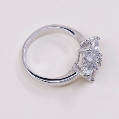Sz 4, Vtg Sterling 925 Silver Flower Fashion Ring W/ White Sapphire N Diamond
