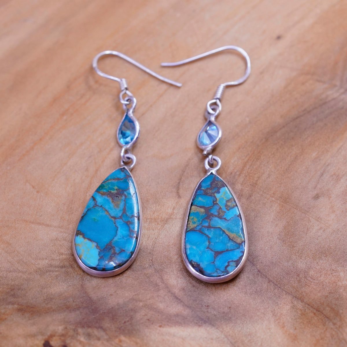 Vintage Sterling 925 silver handmade teardrop earrings with turquoise and topaz