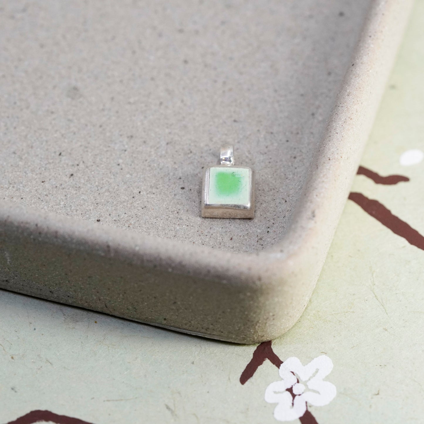 vintage handmade sterling silver pendant, 925 square with green onyx