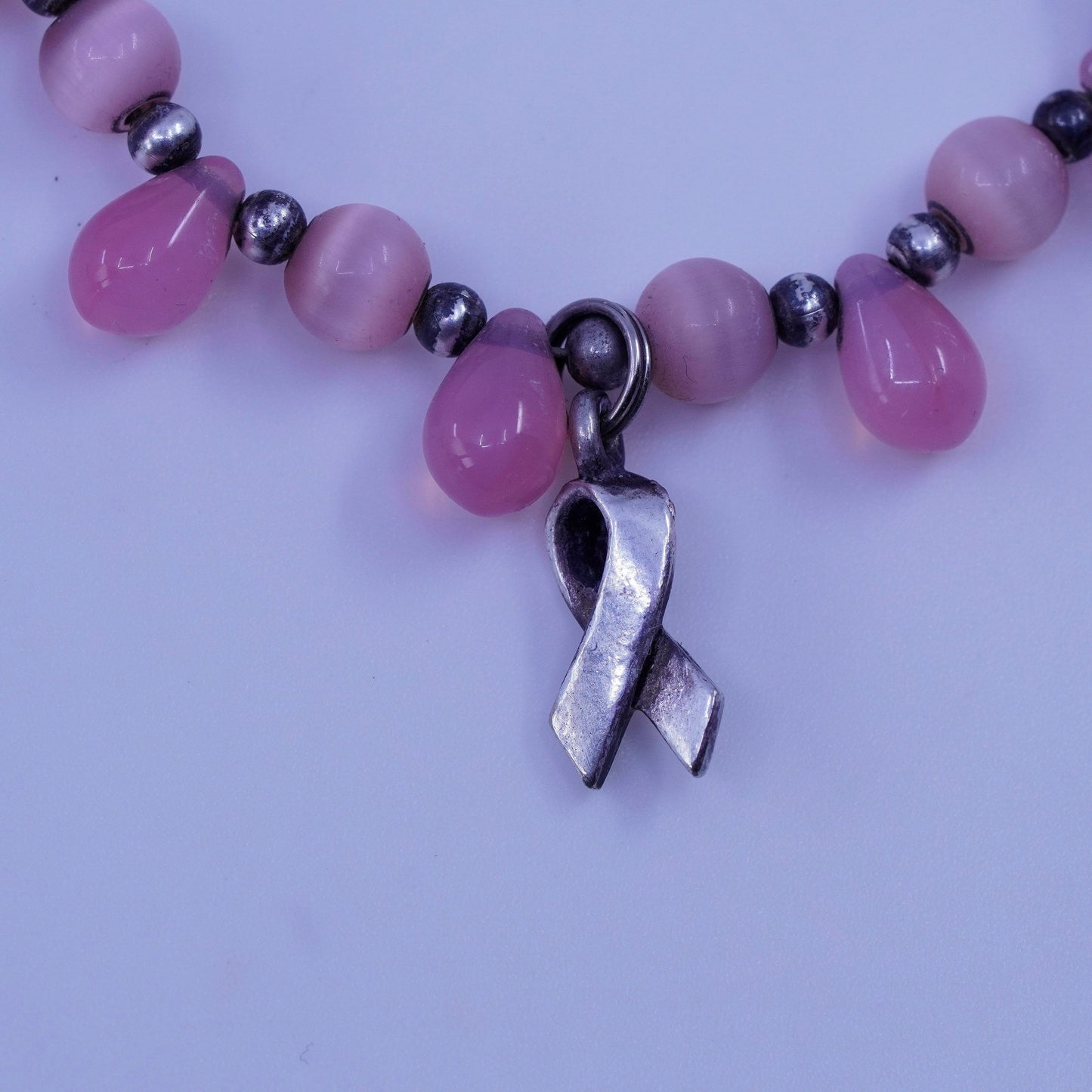 6.5”, Sterling 925 silver bracelet pink cats eye breast cancer ribbon bow tie