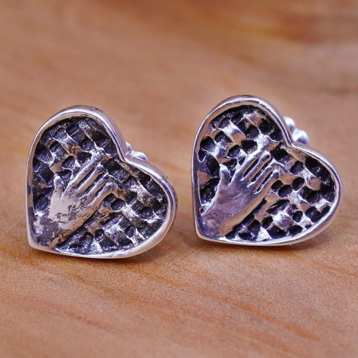 Vintage Sterling silver handmade earrings, 925 heart studs embossed hand