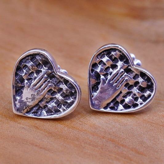 Vintage Sterling silver handmade earrings, 925 heart studs embossed hand