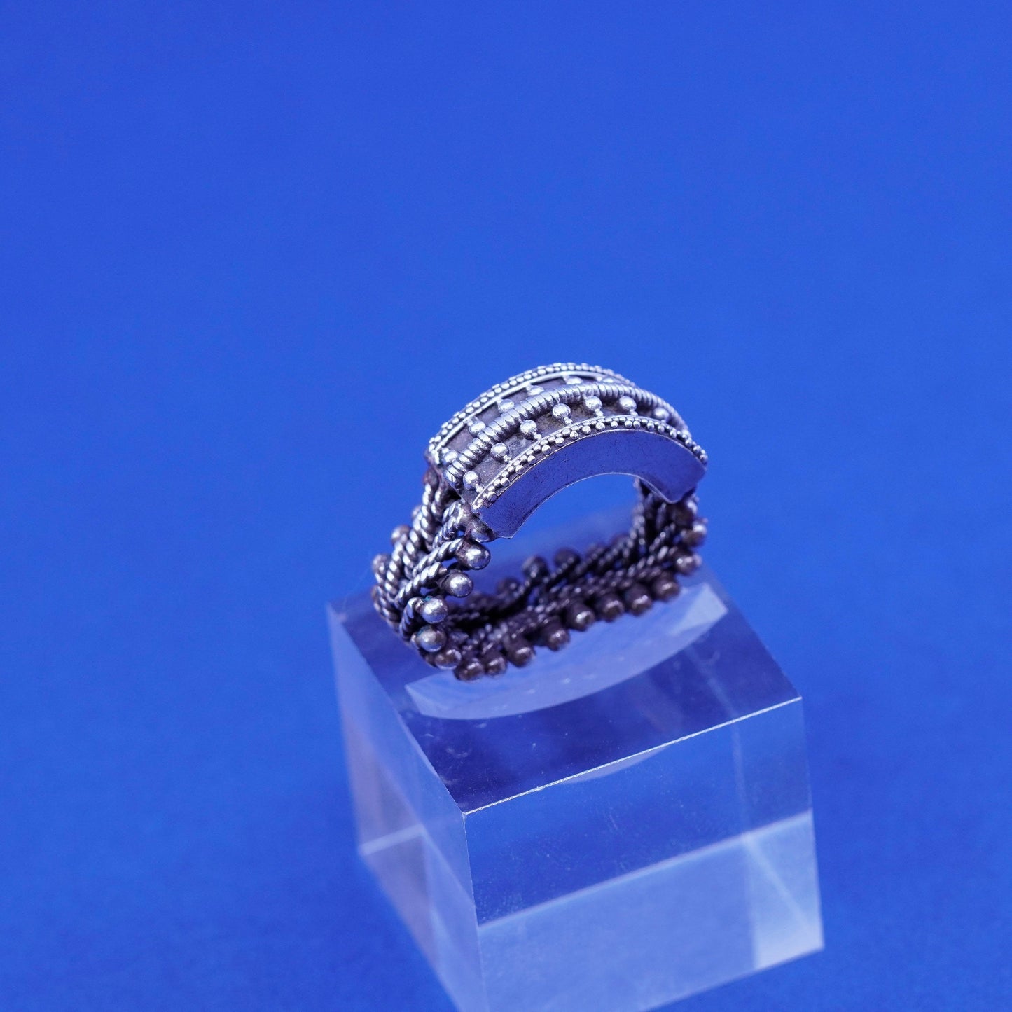 Size 8, vintage Sterling silver handmade ring, 925 texture chain band