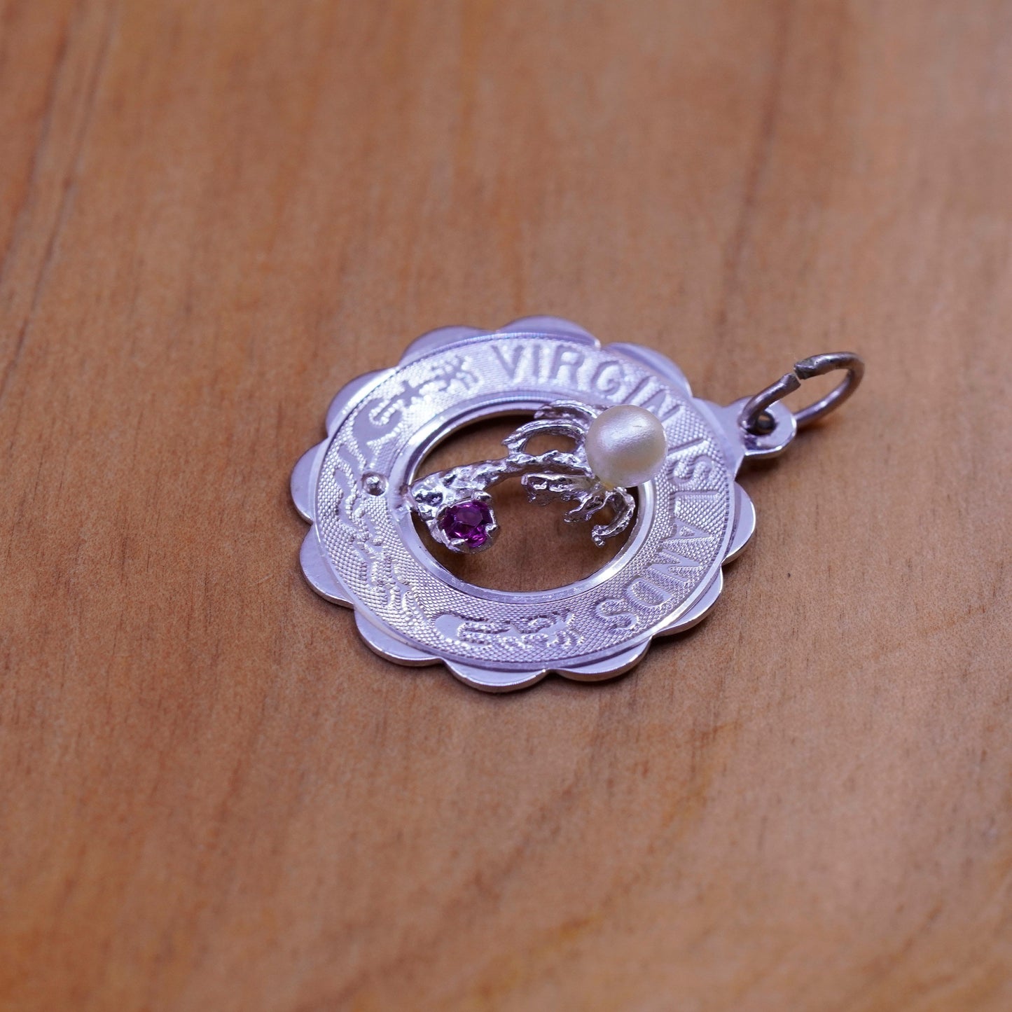 Sterling silver charm, 925 pendant engraved “Virgin Islands” Palm tree pearl