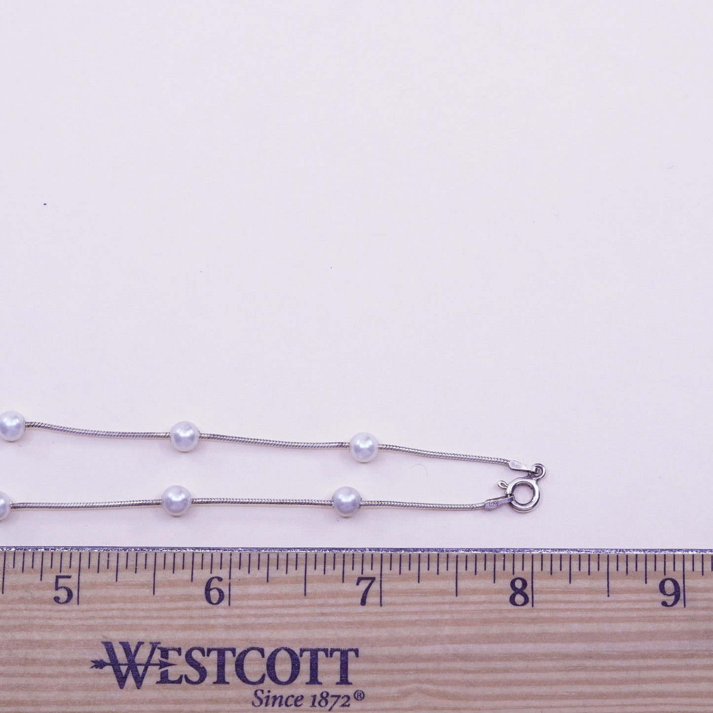 16”, Vintage handmade Sterling 925 silver Snake chain with pearl beads