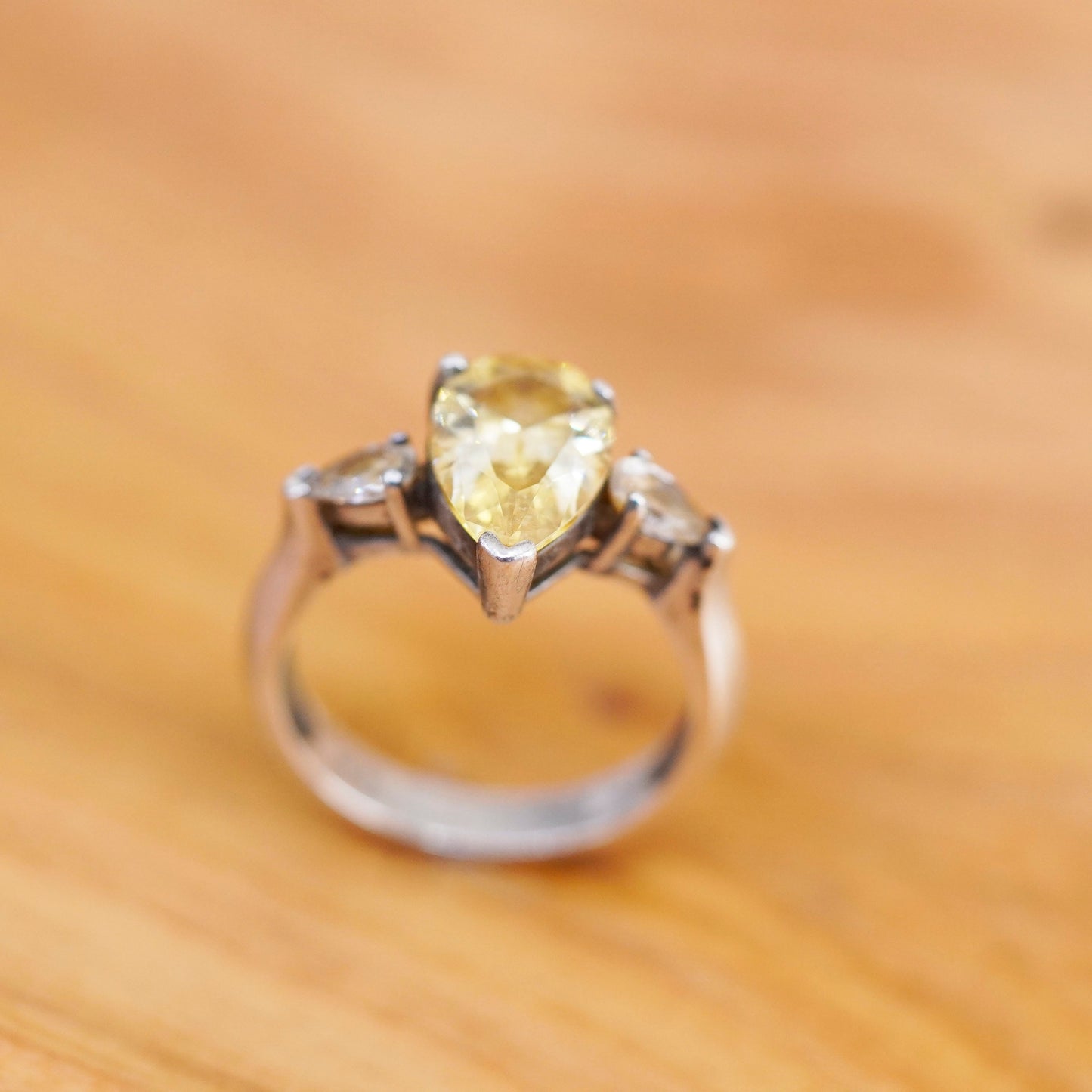 Size 8, vintage Sterling 925 silver handmade ring with teardrop citrine and cz