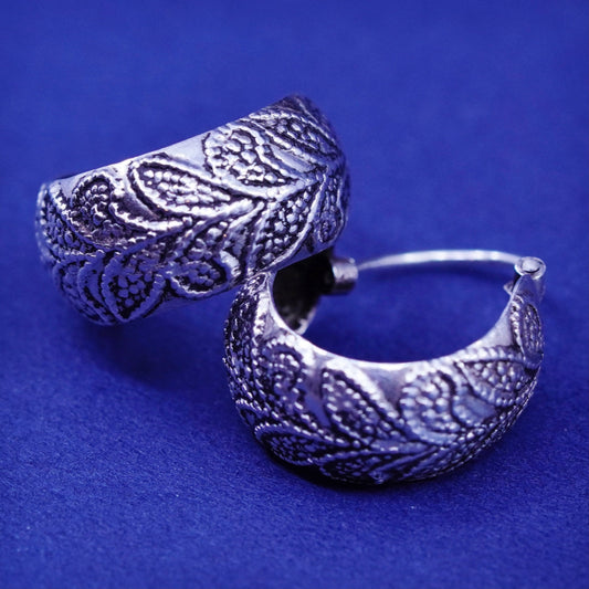 0.5”, vintage Sterling silver handmade earrings, 925 textured hoops, Huggies