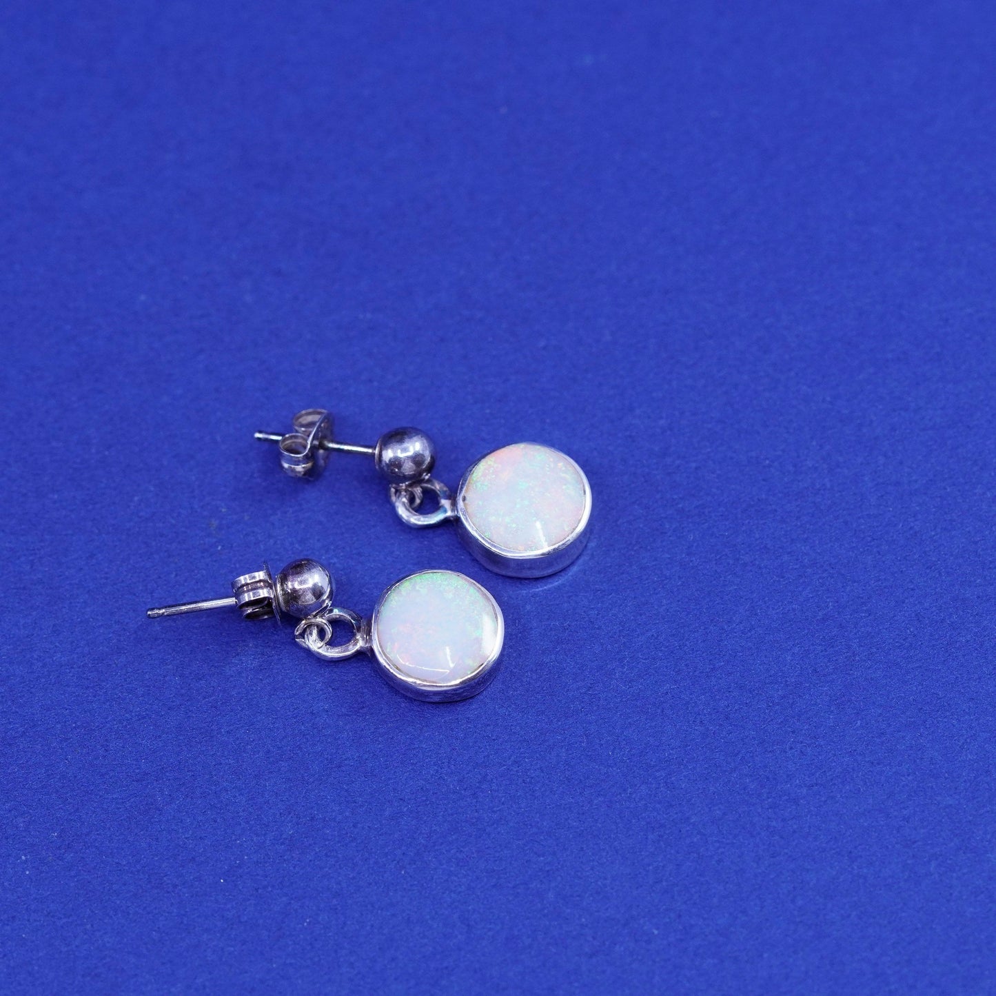 Navajo Steve Francisco sterling 925 silver handmade earrings w/ round fire opal