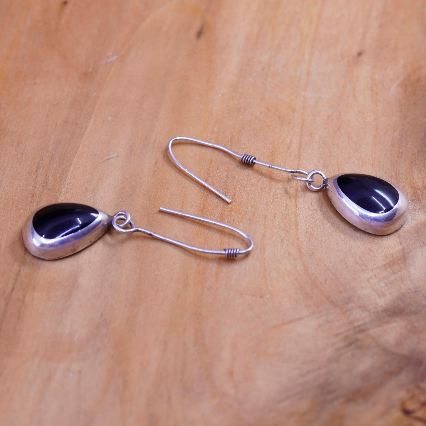Vintage Sterling 925 silver handmade earrings with teardrop obsidian inlay