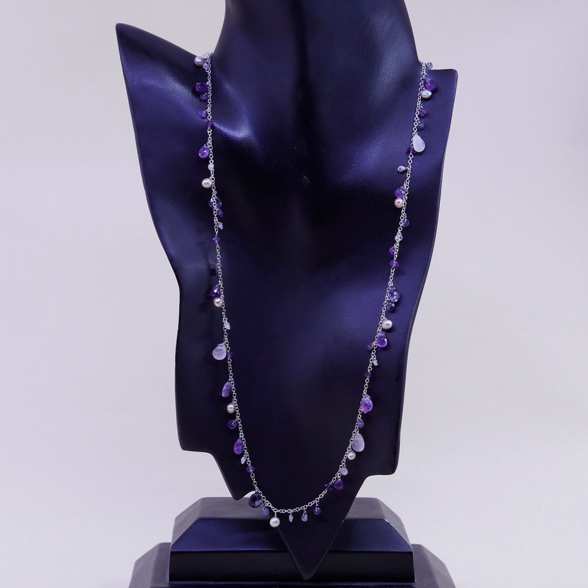 23”, Sterling silver handmade necklace, 925 circle chain amethyst quartz beads