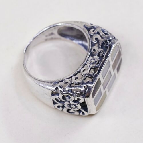 Size 7, Vtg Handmade Statement Ring in Sterling Silver N Abalone - Stamped 925