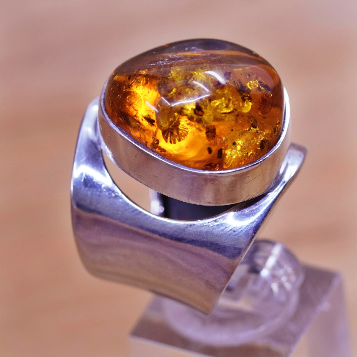 Size 8.5, vintage Sterling 925 silver handmade modern statement ring with amber