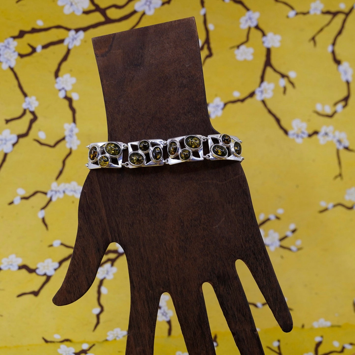 7”, vintage Sterling 925 silver handmade wide bracelet with Amber