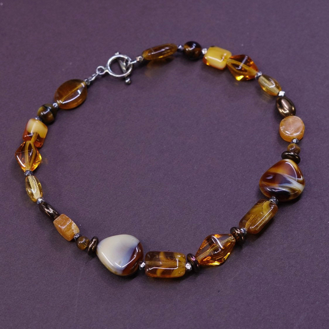9.25", vtg Sterling silver handmade bracelet, 925 toggle closure w/ Amber
