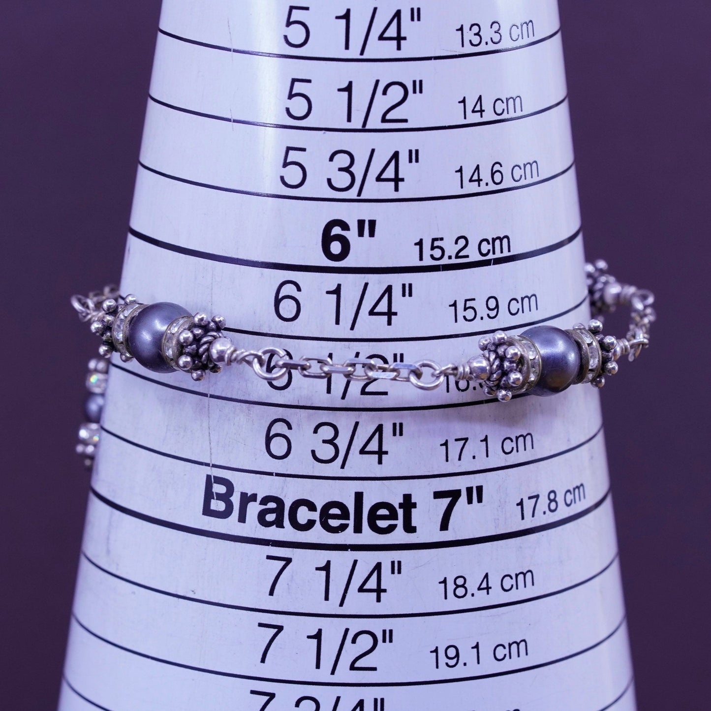6.75”, Madis Sterling 925 silver beads bracelet with black pearl and crystal