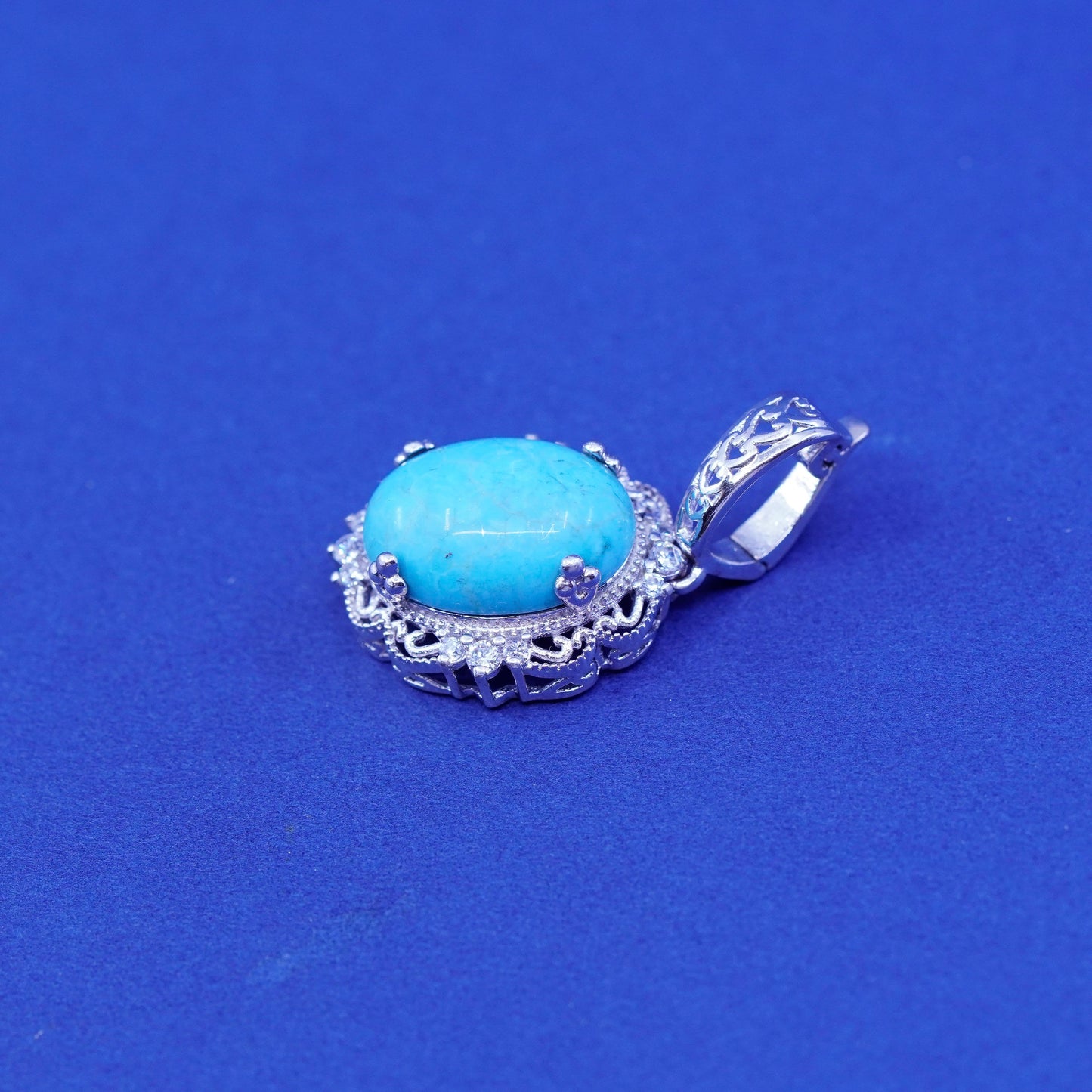 Vintage Karis Peruvian Sterling silver pendant, 925 filigree oval turquoise Cz