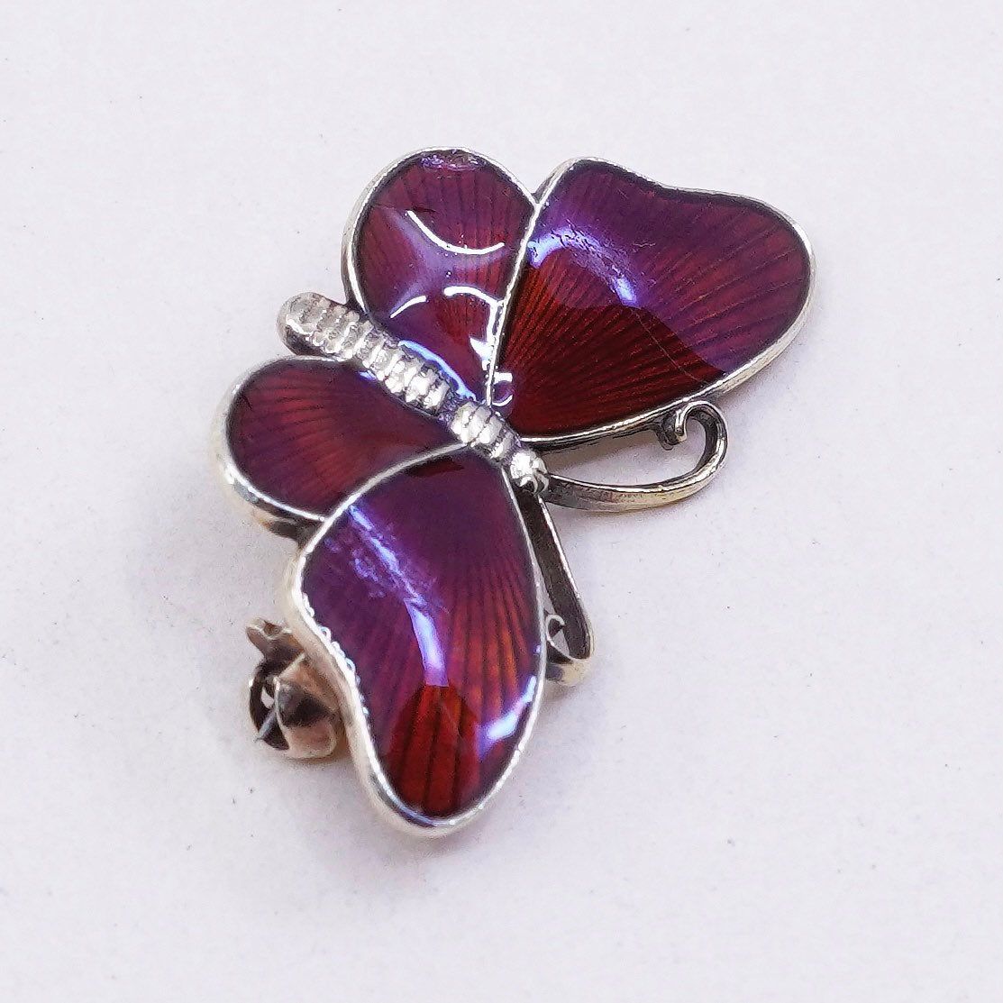 vintage Norway Sterling silver handmade brooch, 925 butterfly pin w/ red enamel