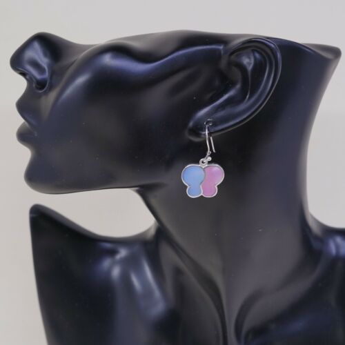 STERLING 925 SILVER Handmade Earrings W/ Blue N Pink Butterfly MOTHER OF PEARL