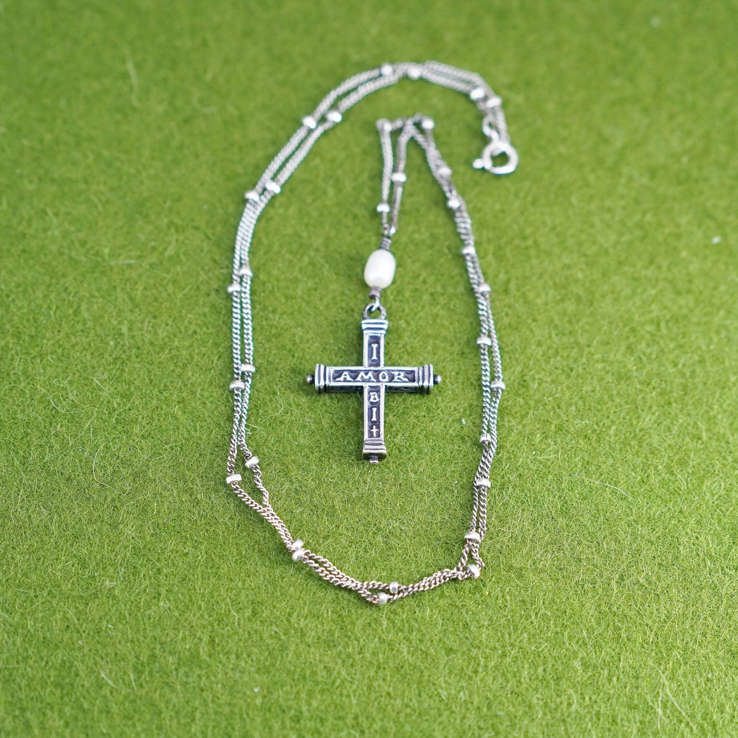 18”, Sterling 925 silver handmade beaded chain necklace with cross pendant