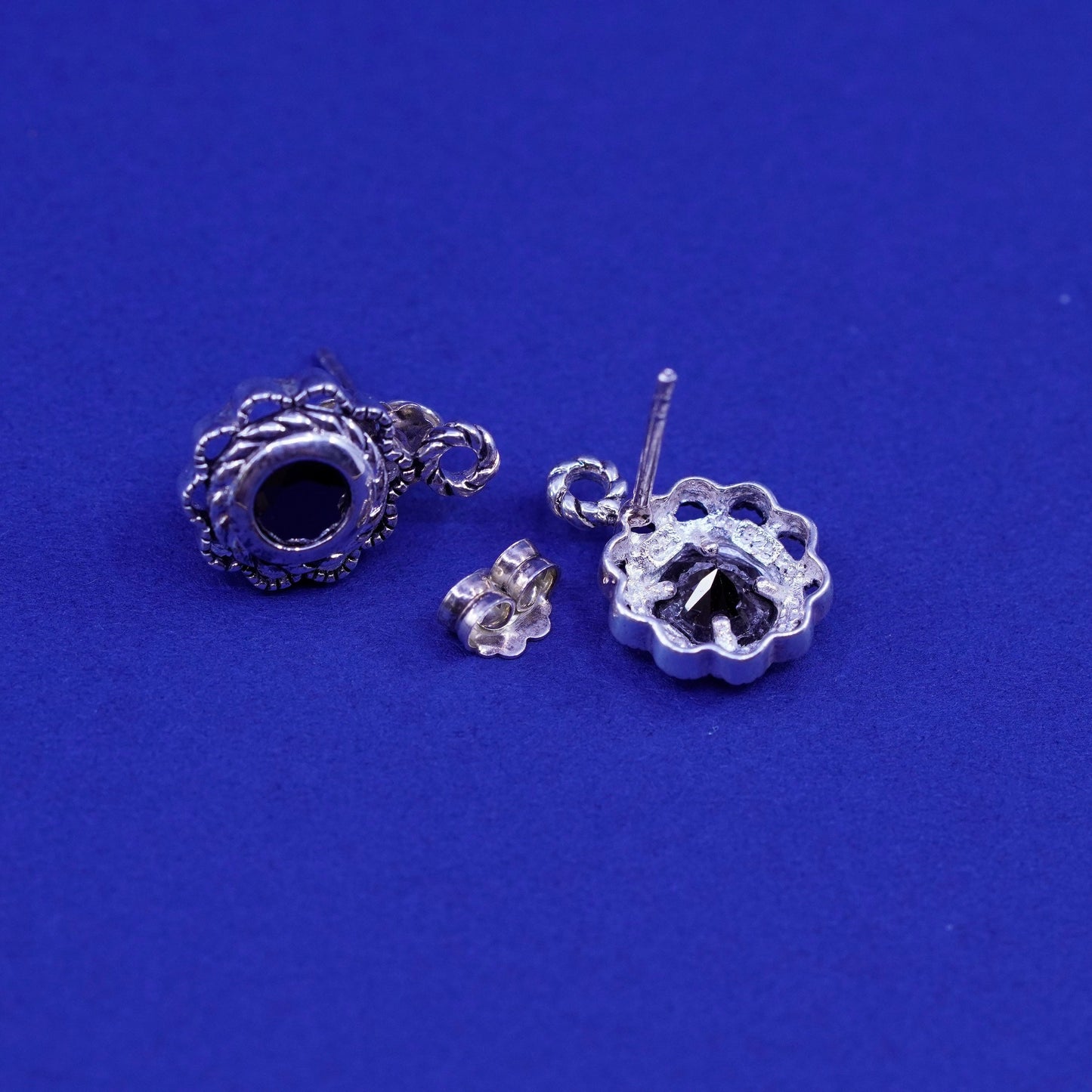 Vintage sterling silver handmade earrings, 925 studs with obsidian and cable