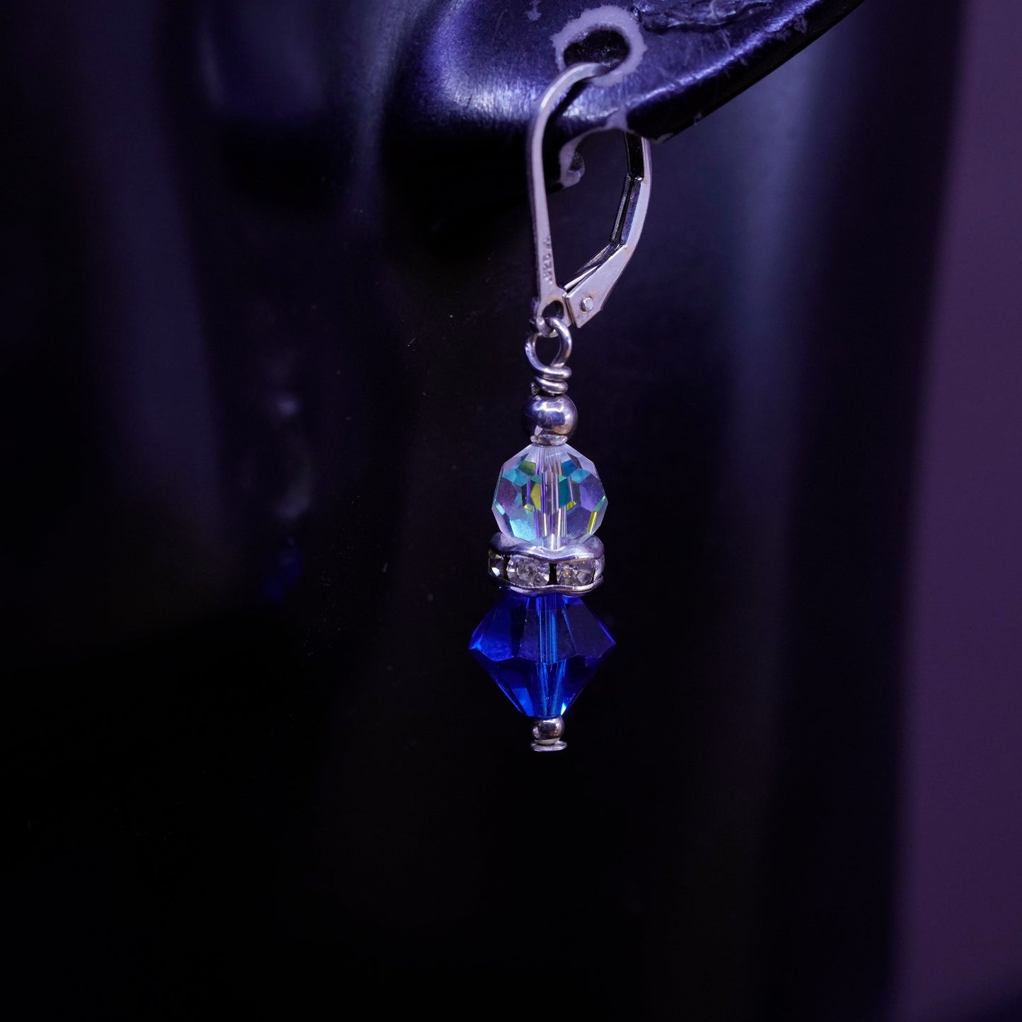 Vintage Sterling 925 silver handmade earrings with clear blue crystal