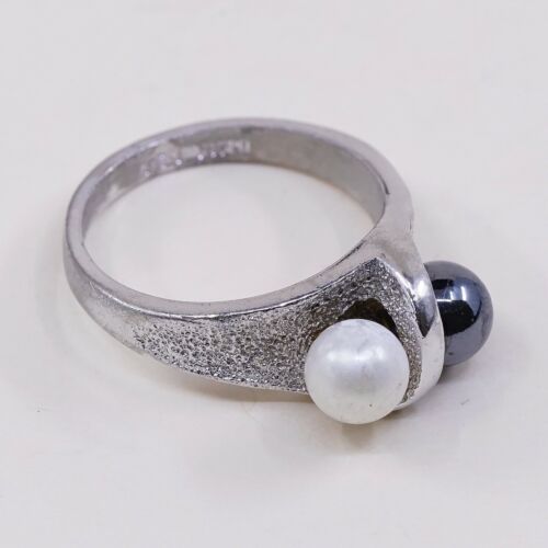 Size 6.75, Vtg ESPO Sterling 925 Silver Ring with Hematite N Pearl, Stamped Ster