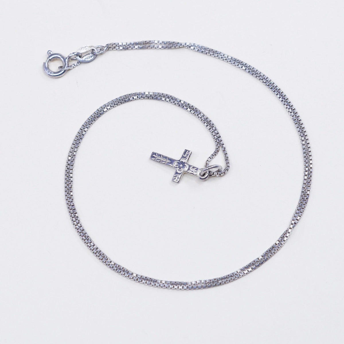 18”, 1mm, Vintage sterling silver box chain w/ cross pendant, necklace