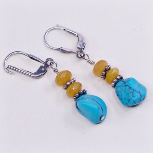 Vtg STERLING 925 SILVER Handmade earrings with Turquoise N Citrine Besdd