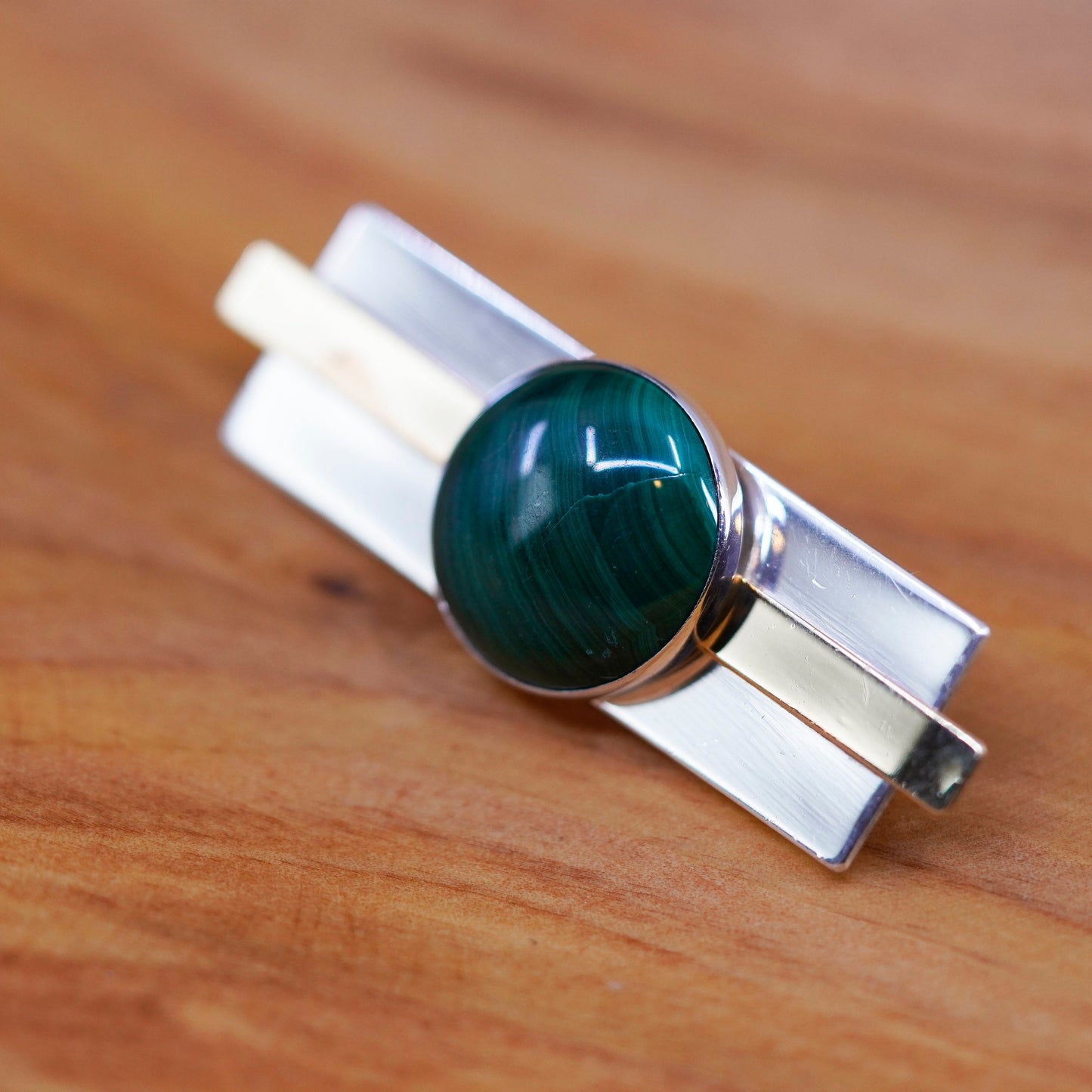Vintage PJP two tone sterling silver handmade brooch, modern 925 pin malachite