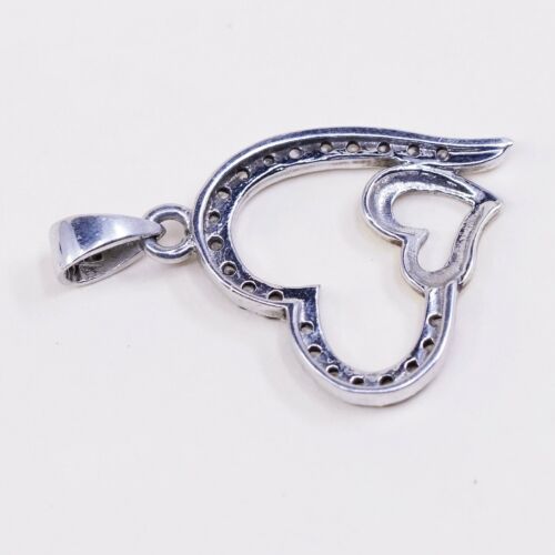 Vintage Thailand Sterling 925 Silver Double Heart Pendant W/ Cz Around