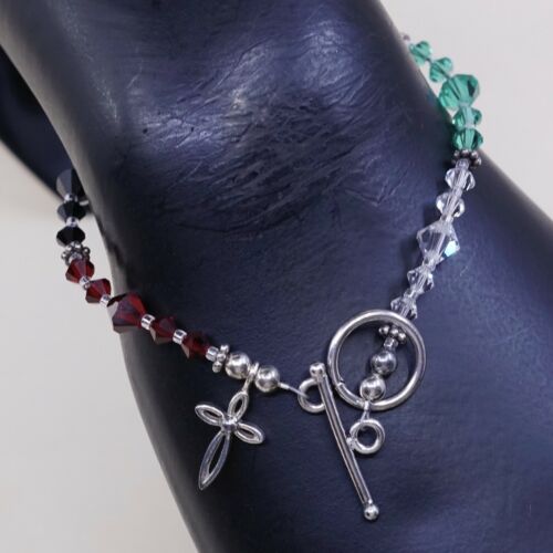 7.75”, Vtg Sterling Silver Handmade Bracelet, 925 Swarovski Crystal W/ Toggle
