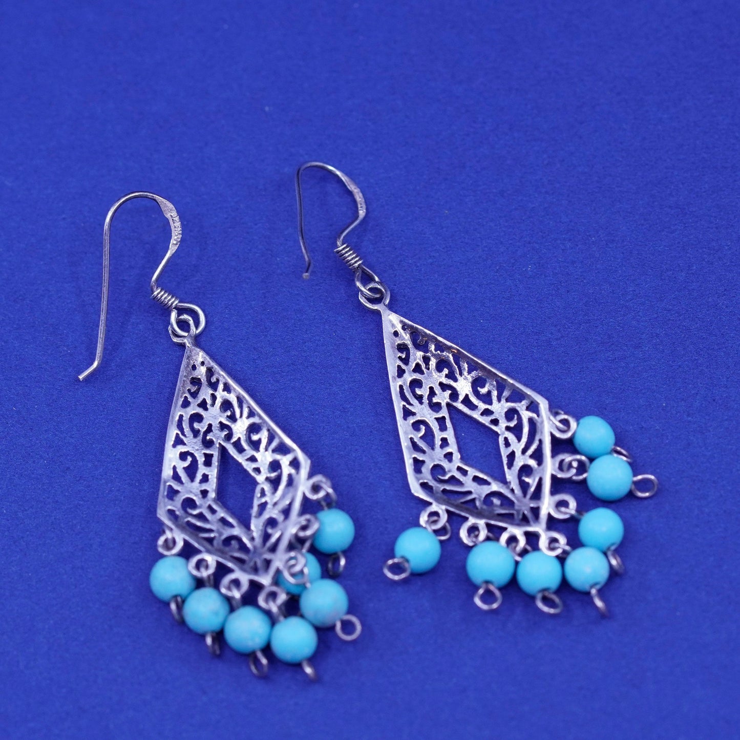 Native American Sterling silver earrings 925 filigree diamond turquoise cluster