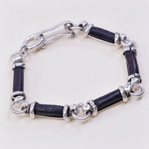 6.5”, Vtg Mexico Sterling 925 Silver Handmade Bracelet, Black Leather Link