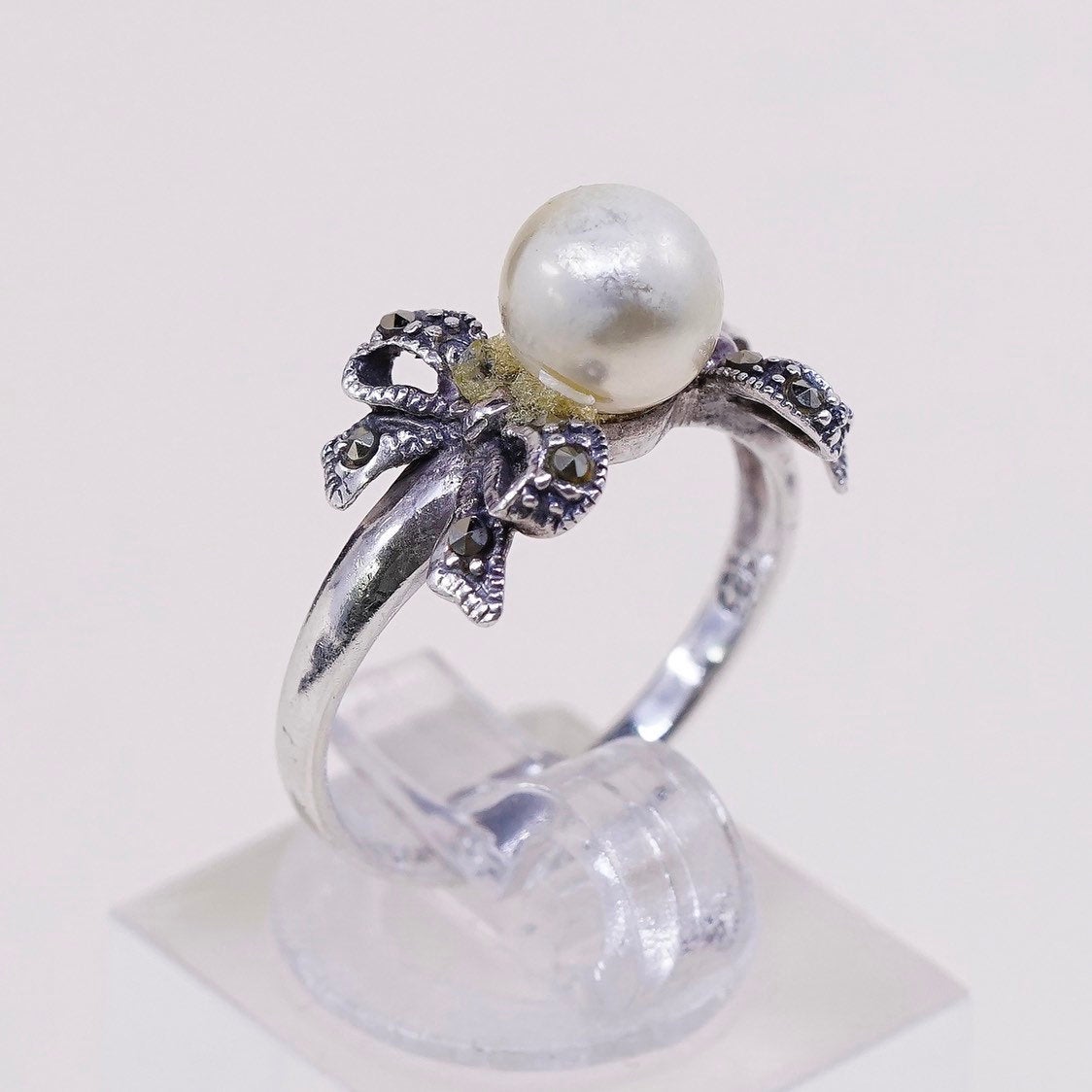 sz 6.75, vtg sterling silver handmade ring, 925 w/ faux pearl n marcasite