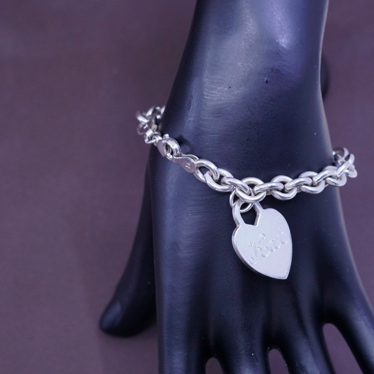6.75”, 8mm, Sterling silver handmade charm bracelet, 925 circle chain w/ heart