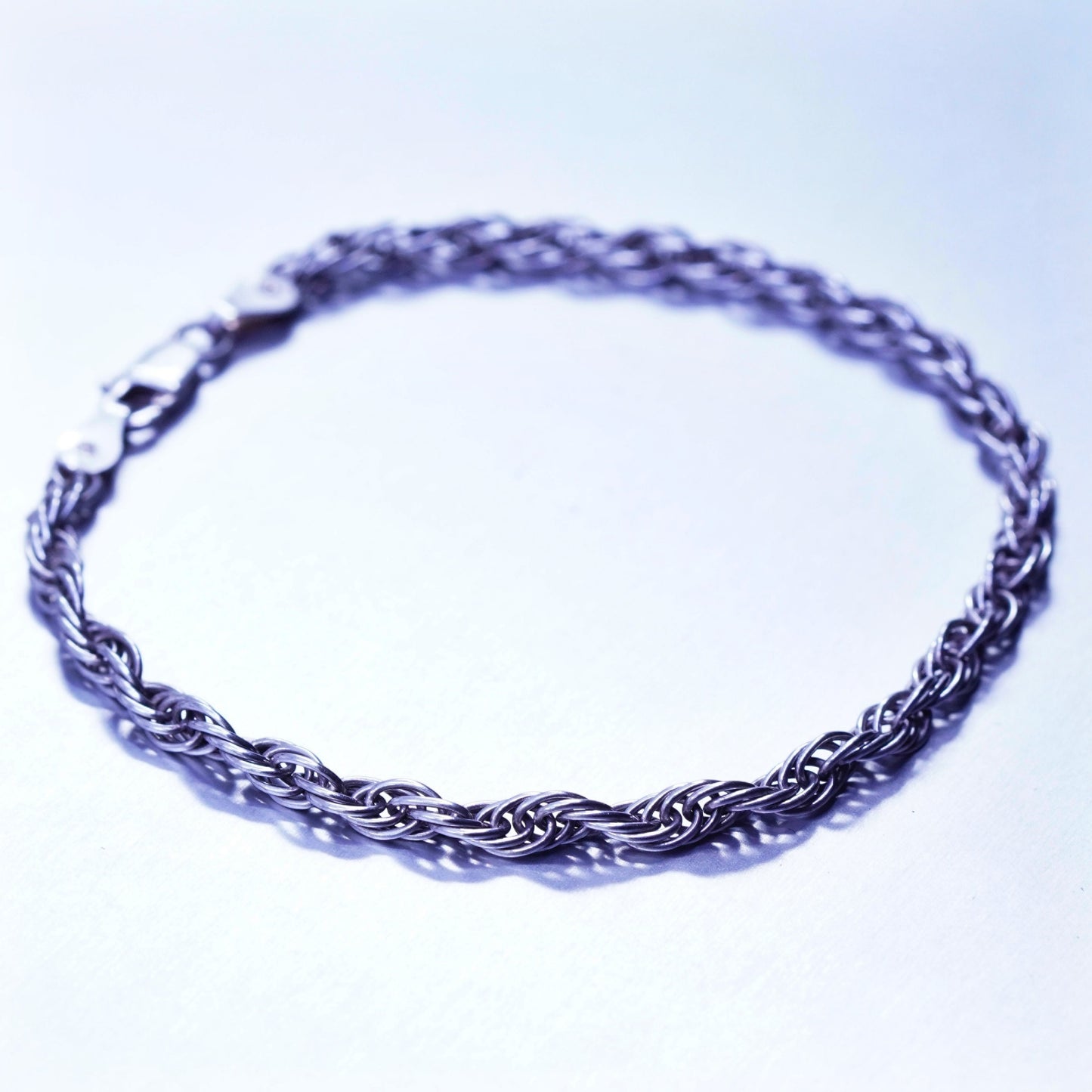 7.25”, 4mm, Vintage Italy Sterling 925 silver handmade bracelet, rope chain