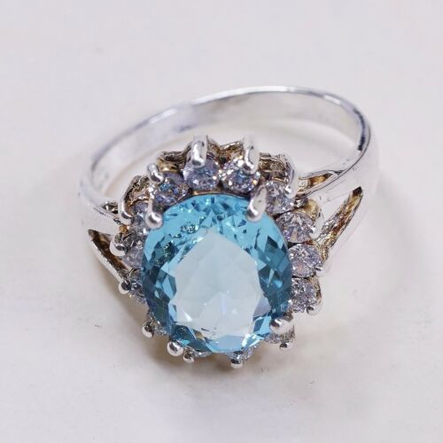 Sz 8.25, Vtg Sterling Silver Cocktail Ring, 925 W Blue topaz N Cz Around