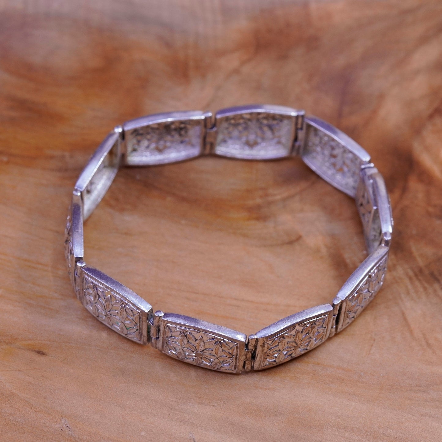 7.25”, vintage Sterling silver handmade bracelet, 925 filigree leafy links