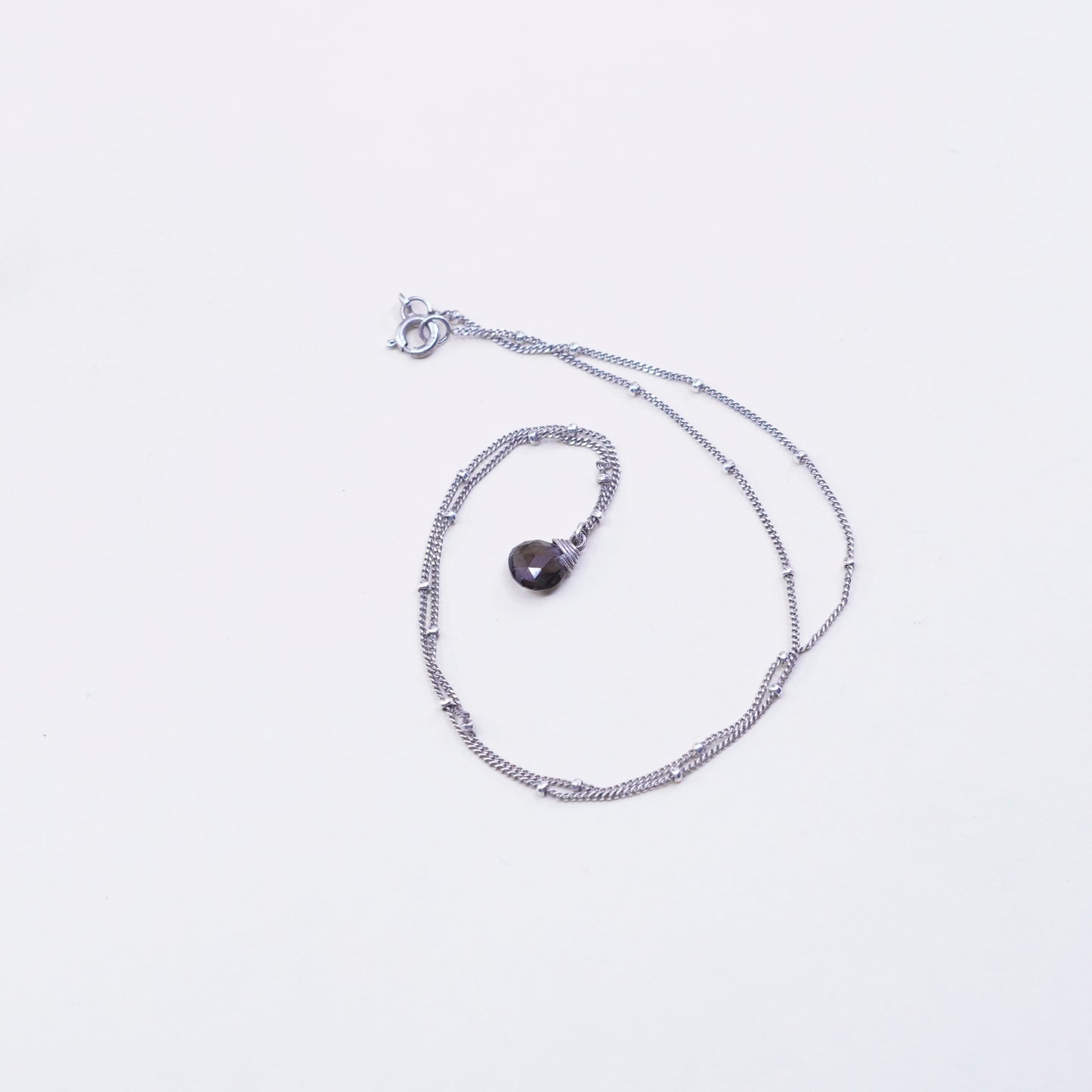 16”, vtg sterling silver necklace, teardrop crystal pendant bead circle chain