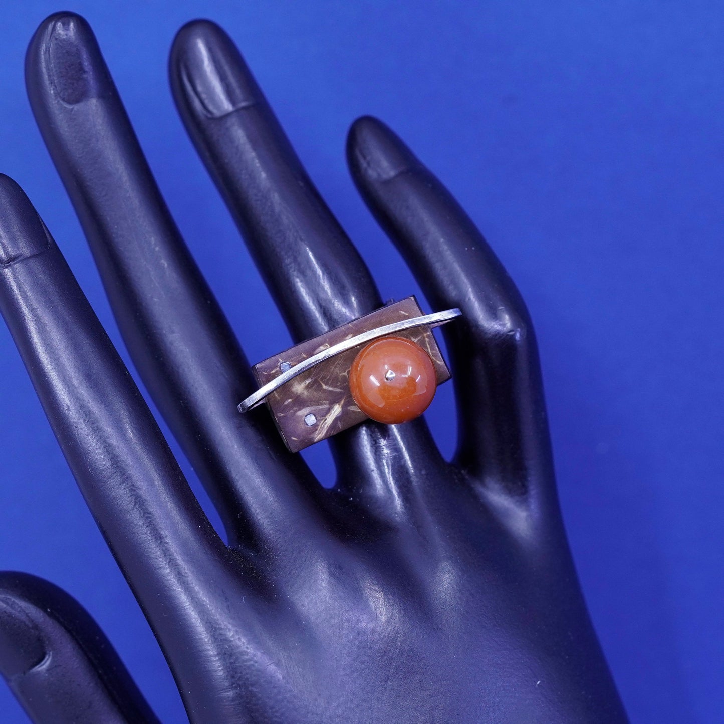 Size 4, vintage Sterling silver handmade ring carnelian wood, Native American