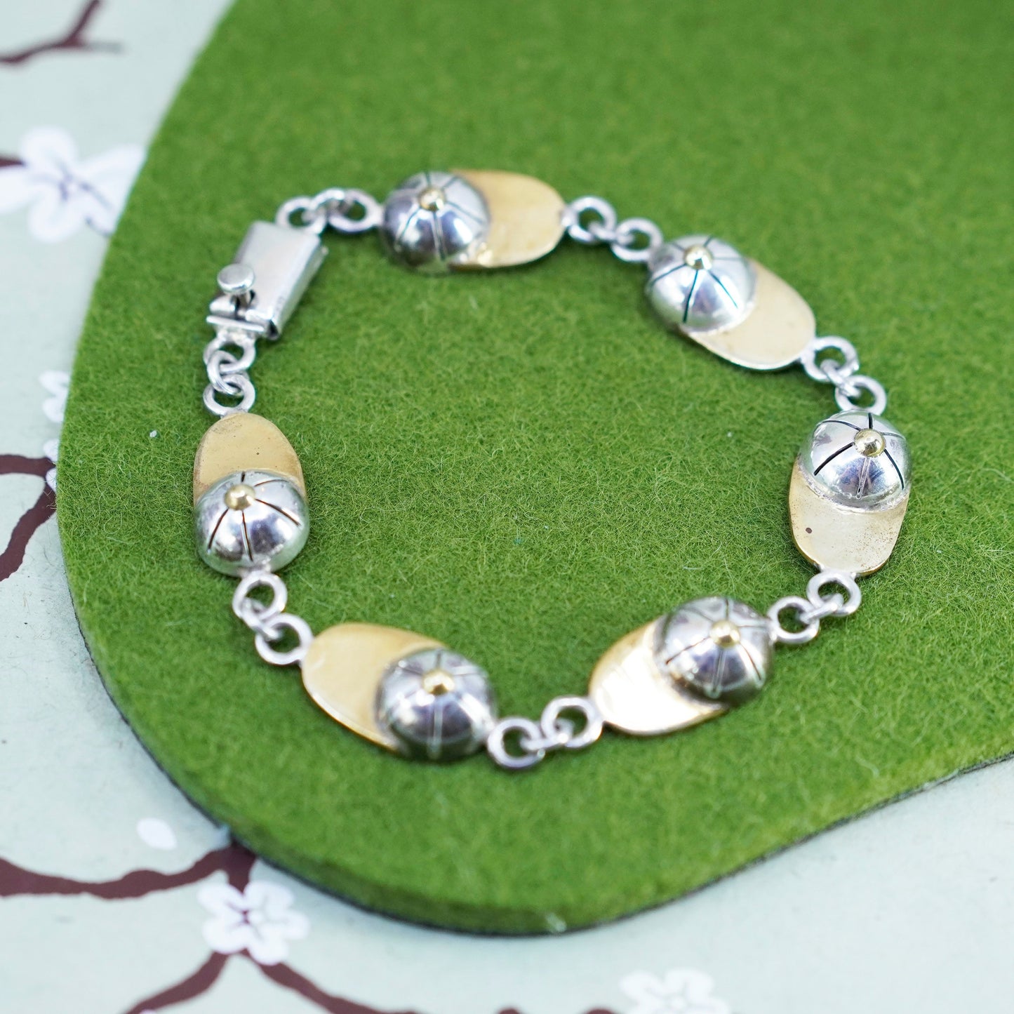 8”, vtg two tone sterling silver handmade bracelet, 925 chain baseball cap hat