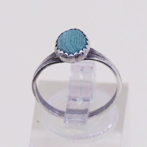 Sz 4.75, Vtg Sterling Silver Handmade Ring, 925 Silver Band W Malachite Inlay