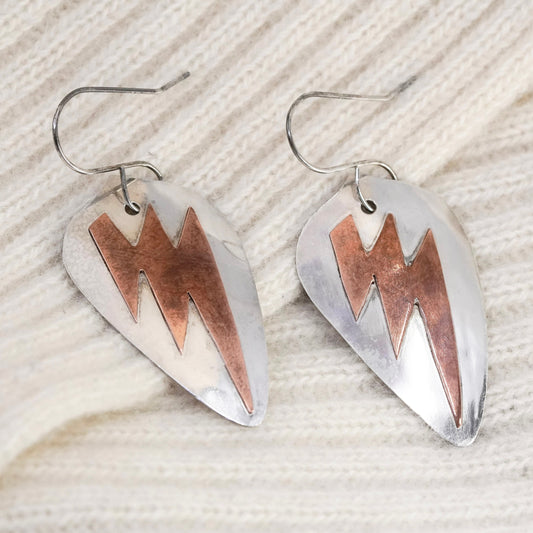 Two Tone Roggio sterling silver handmade earrings, 925 disc copper lightening