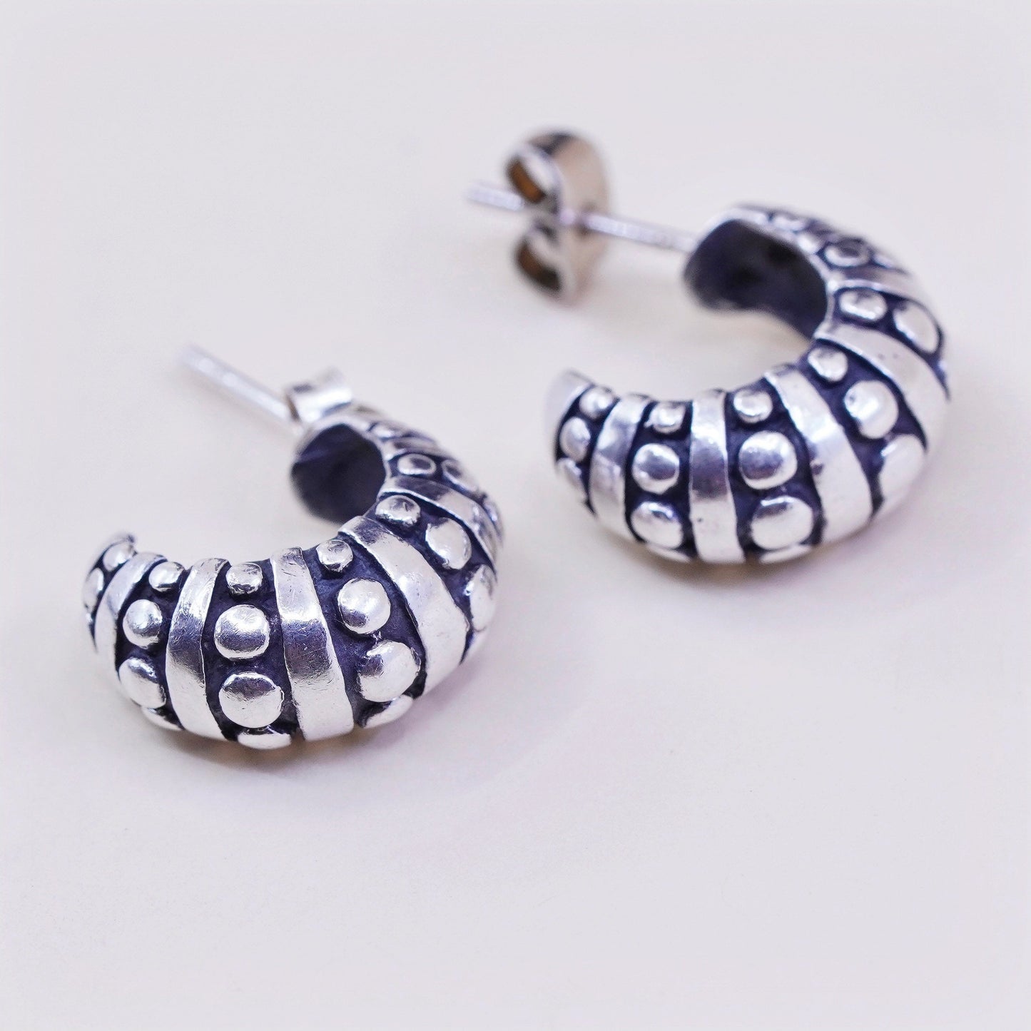 0.5”, Vintage sterling silver wide hoops, 925 huggie earrings with beads