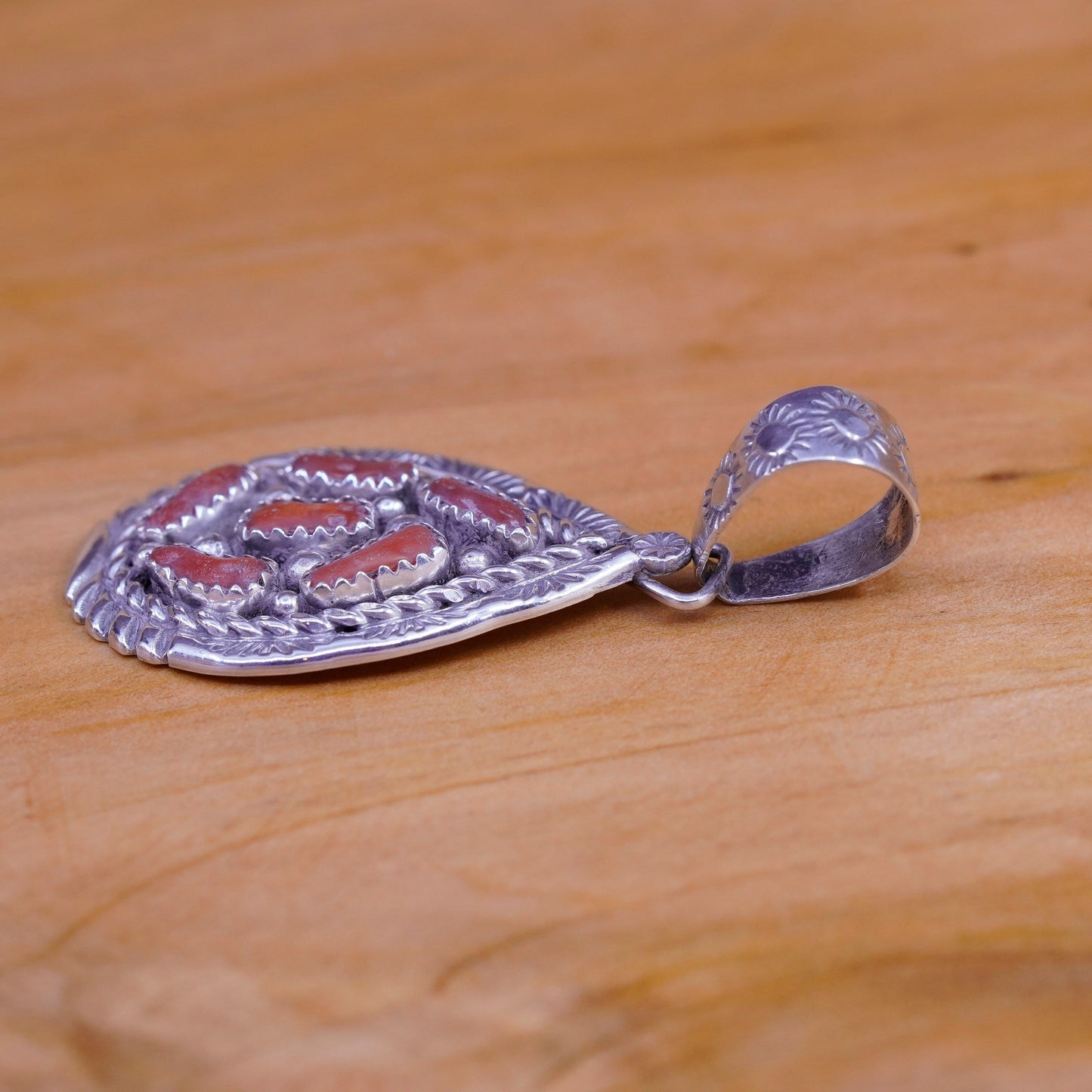 Native American sterling 925 silver teardrop pendent coral, southwestern Navajo