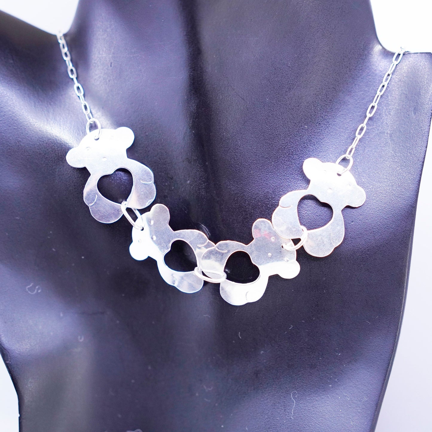 18” Sterling 925 silver handmade elongated chain necklace teddy bear pendant